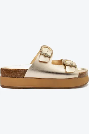 Schutz Sandália Papete Plataforma Fivela Couro Dourada