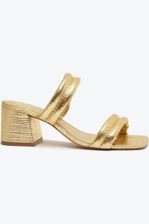 Schutz Sandália Mule Salto Bloco Médio Tecido Dourada