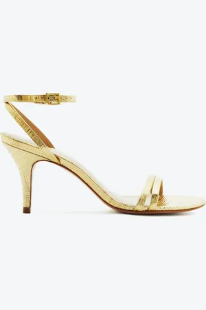Schutz Sandália Salto Médio Couro Dourado