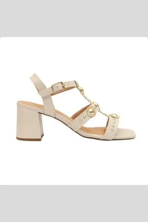 DAYANE MAGALHÃES Sandália Salto Alto Bloco Dm Celeste Apliques Couro Off White Fly Gelo