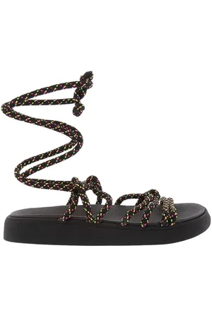 MOLECA Sandália Rasteira Papete Flat Amarração Corda Multicolor
