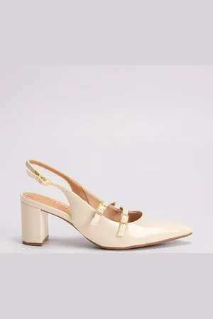 BEIRA RIO Scarpin Slingback Salto Bloco Fivelas Verniz Off-White