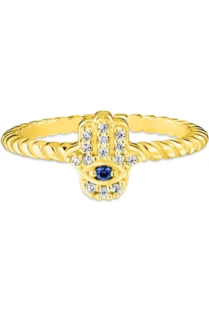 Life Anel Patuás III Hamsá em Prata 925 com Banho de Ouro Amarelo 18k e Pedras Azul e Incolores