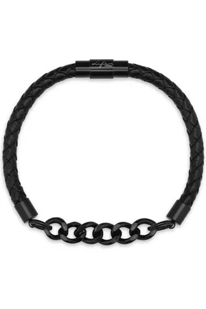Life Pulseira Trançada em Couro Preto com Aço